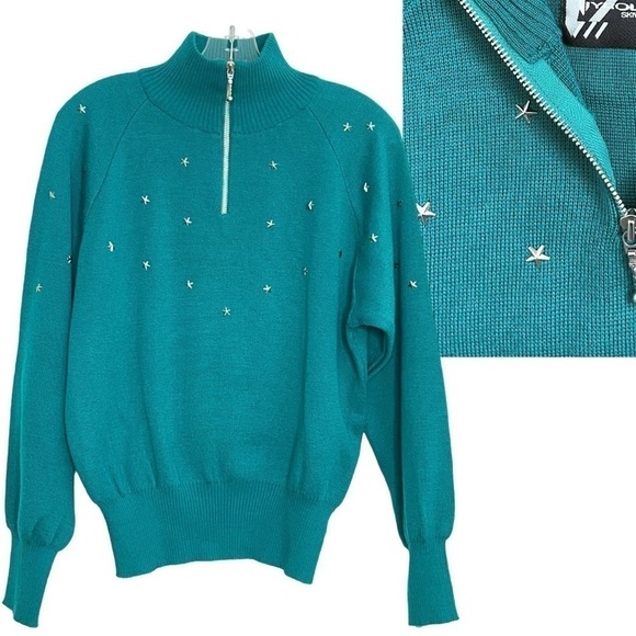 Vintage 80s 90s TYROLLA Skiwear Quarter Zip Ski Sweater Star Studs Wool Blend M - Picture 1 of 17